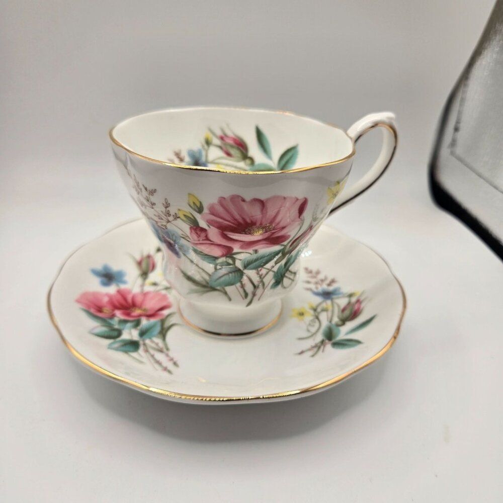 Vintage Embassy Bone China Teacup Saucer Set Floral Pattern Gold Trim Made In En